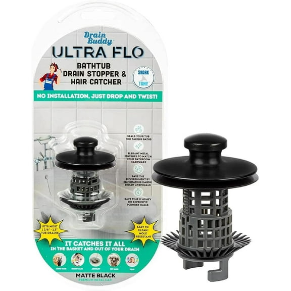 Drain Buddy Ultra Flo Tub Drain Stopper and Hair Catcher - Ultimate Clog Prevention Solution - Matte Black