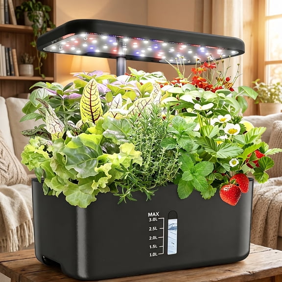 Smart Hydroponics Growing System with Full Spectrum LED Grow Light,Soil-Free Indoor Plant Kit with Visible Water Level Window, Grow Basil, Herbs