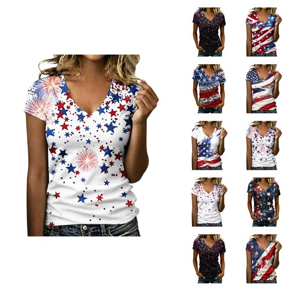 Womens Patriotic Tshirt 250th Anniversary USA Shirts Red White and Blue V Neck Summer Tops Casual 4th of July Outfit for Women
