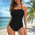 thumbnail image 2 of XUELUO Womens One-Piece Swimsuits Solid Color Strapless Bandeau Ruffle Swimsuit Swimwears Holiday Wear,Black,XL, 2 of 5