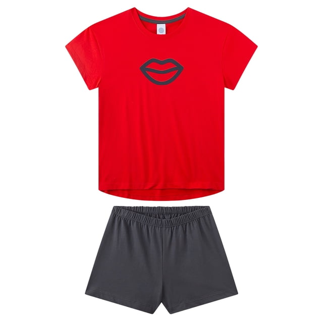 Sanetta Pijama corto para niña, adolescentes, Kiss, jersey sencillo, algodón Negro/Rojo 176