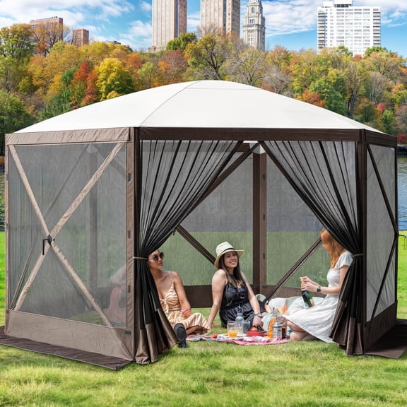 Uforic 12x12ft Pop Up Canopy Gazebo, Outdoor Canopy Tent with 6 sidewalls and Netting, Waterproof, UV Resistant, Party Tent with Carrying Bag for Camping, Brown