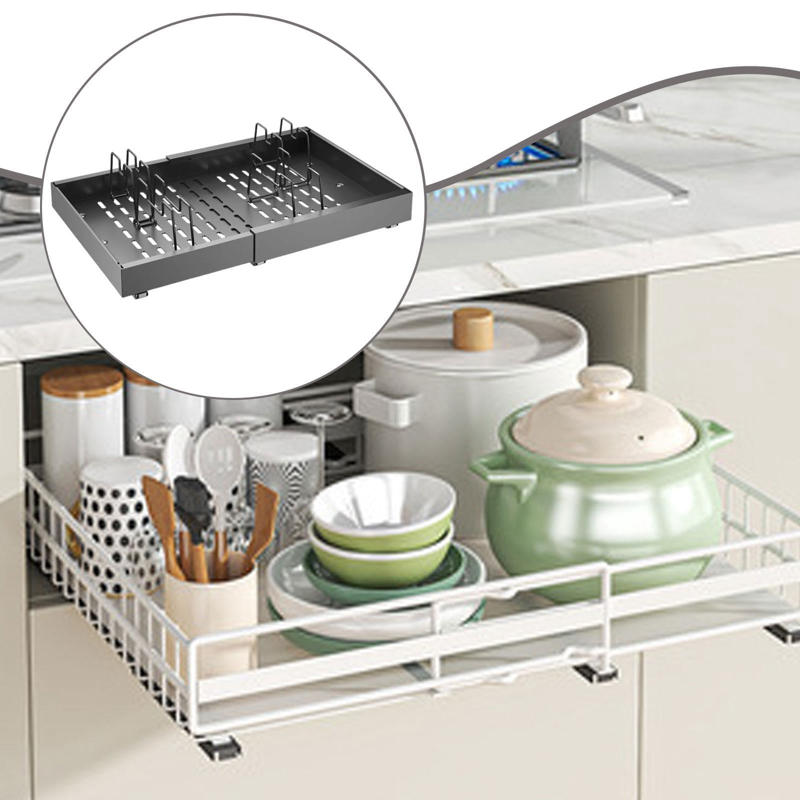 Fiocias Pull Out Cabinet Organizer Utensil Spice Storage Shelf Carbon Steel under Sink Drawer Storage Rack for Pantry Closet Office Black