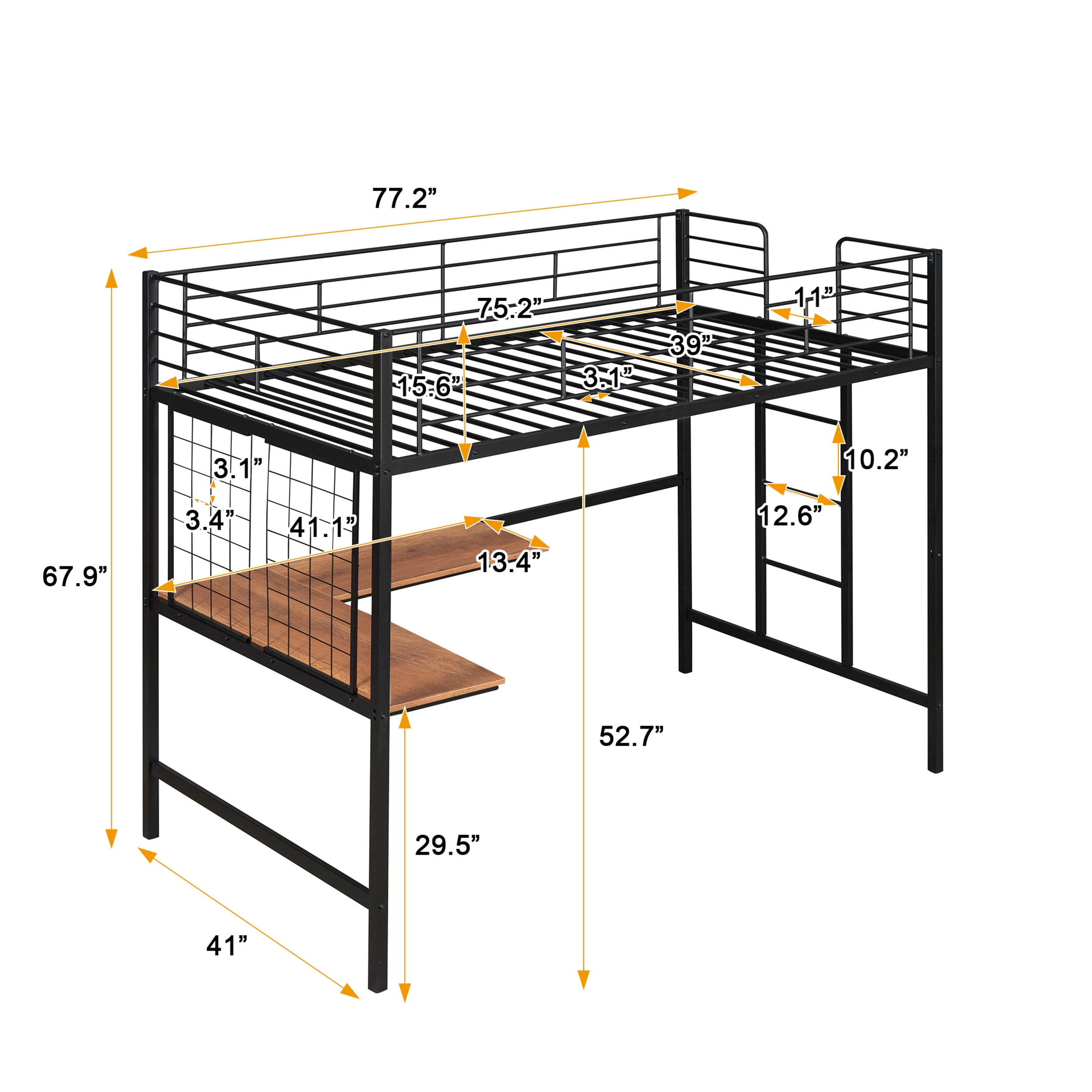 Aukfa Twin Loft Bed with L Shape Desk, Heavy Duty Metal Bed Frame for Kids Teens, Black