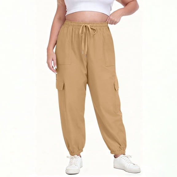 Womens Oants Women's Fashion Casual Plus Size Solid Color Pants Pocket Elastic Waist Comfortable Drawing Long Pants Trousers Khaki L