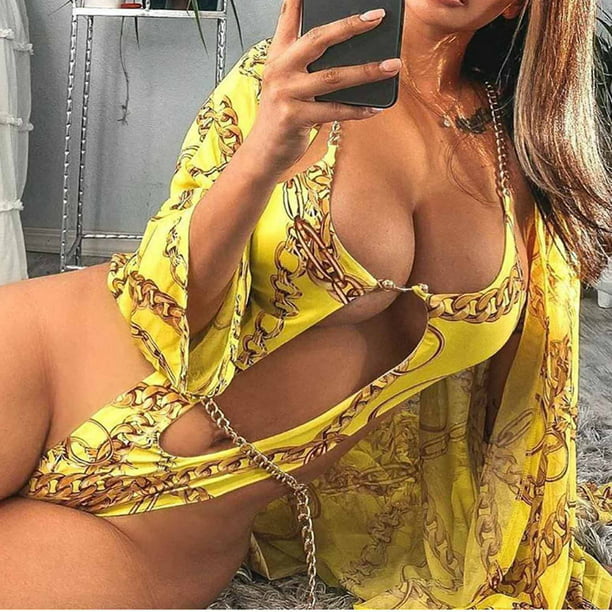 Swimsuit Tops for Women Large Bust Women's Fashion Sexy Hollow Metal Chain  Personalized Printed One-Piece Swimsuit One Piece Thong Swimsuits for Women  on Clearance 