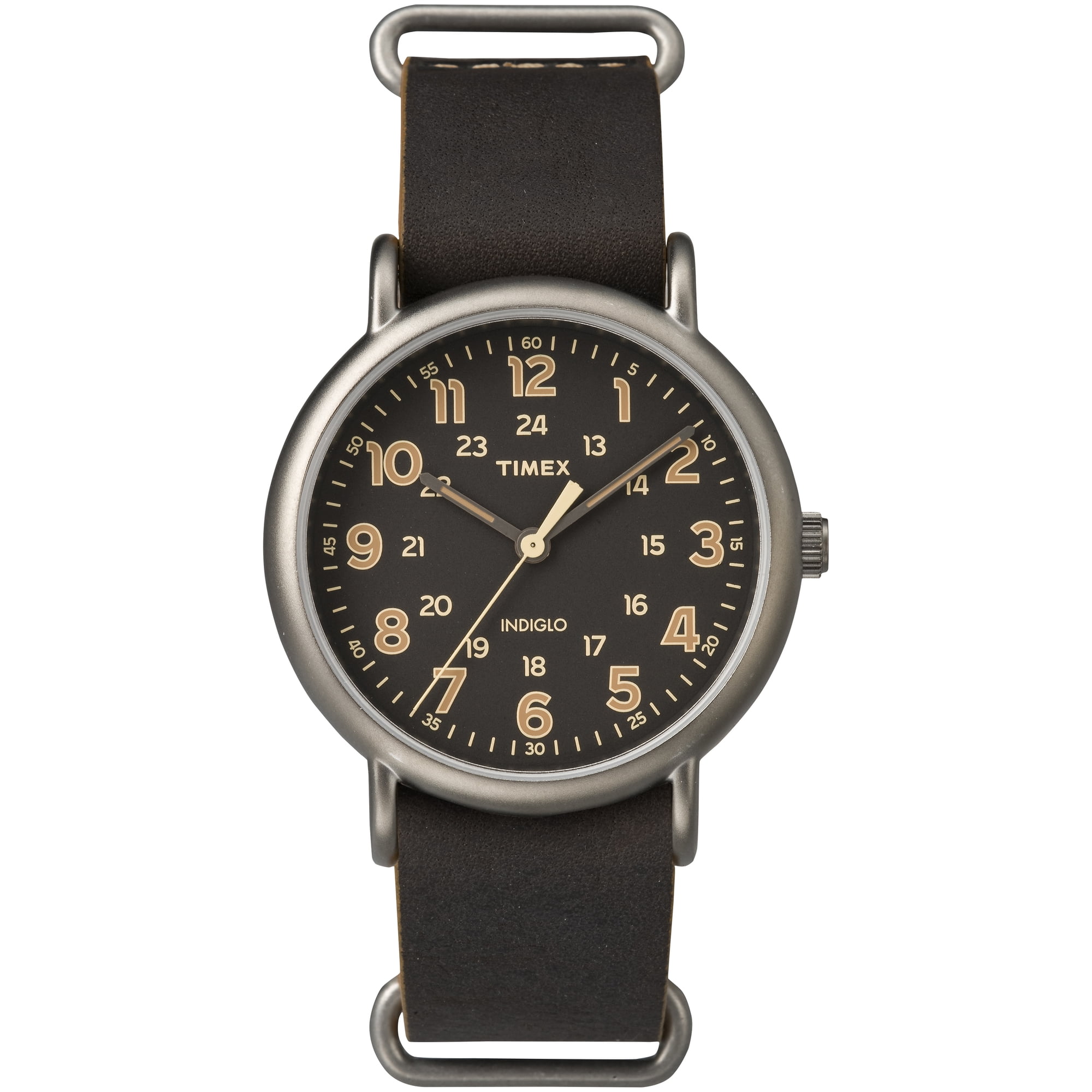 Men's Weekender Oversized Titanium-Tone Watch, Dark Brown Leather Slip-Thru Strap