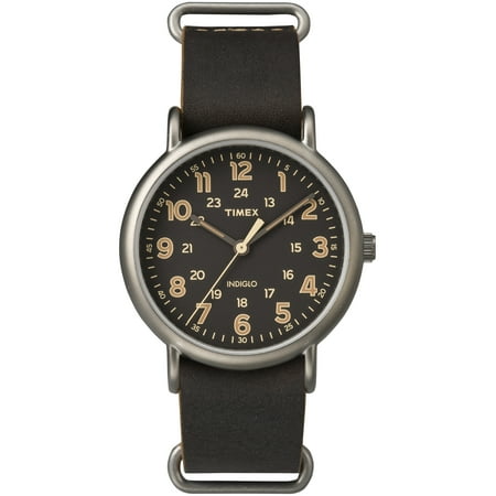 Timex Men's Weekender Oversized Titanium-Tone Watch, Dark Brown Leather Slip-Thru Strap