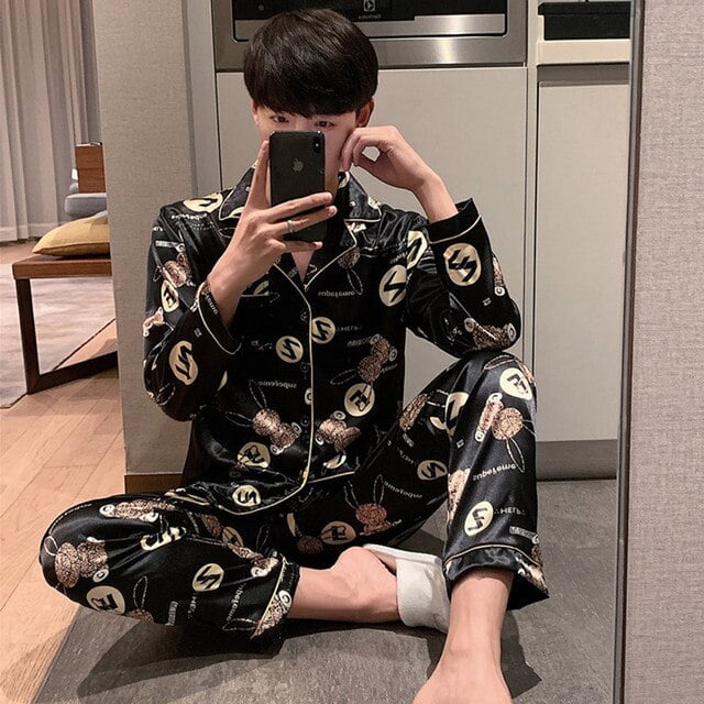 QWZNDZGR Pajamas Men Home Wear Suit Silk Satin Sleepwear Long sleeve Pajama  Sets Trendyol Sleep Tops Pants Large size Loungewear 