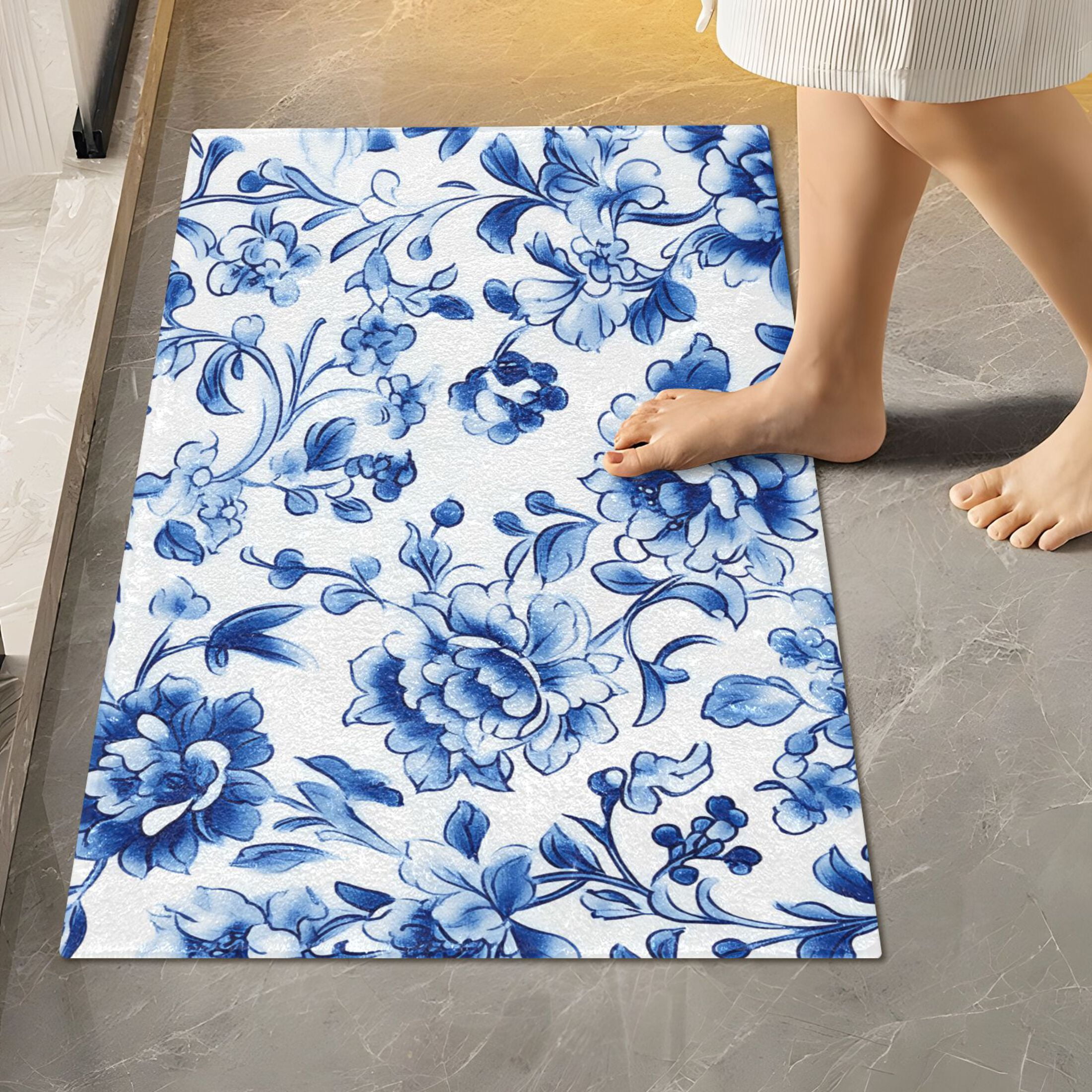 Toilet Rug Set Non-Slip Bathroom Rugs Soft Plush Machine Washable Contour Bath Mat Blue and White Porcelain Floral 24x20/24x16