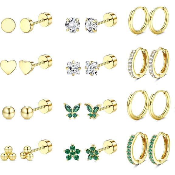 Hypoallergenic 14K Gold Plated Flat Back Earrings for Women Men Surgical Stainless Steel Earrings for Sensitive Ears Small Stud Hoop Cartilage Earring Stack Set for Multiple Piercing Jewelry