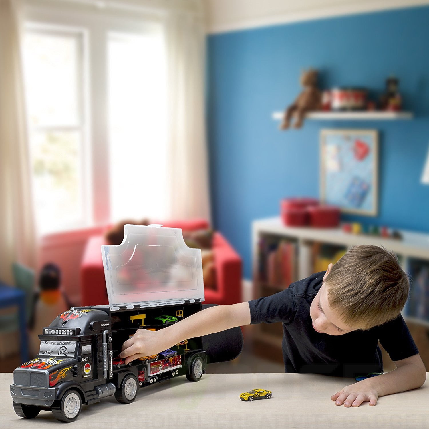 Toy Truck Super Mega Extra Large Tractor Trailer Car Collection Case Carrier Transport Toy Truck For Kids Includes 12 Cars 1 Small Tractor Trailer & 6 More Accessories
