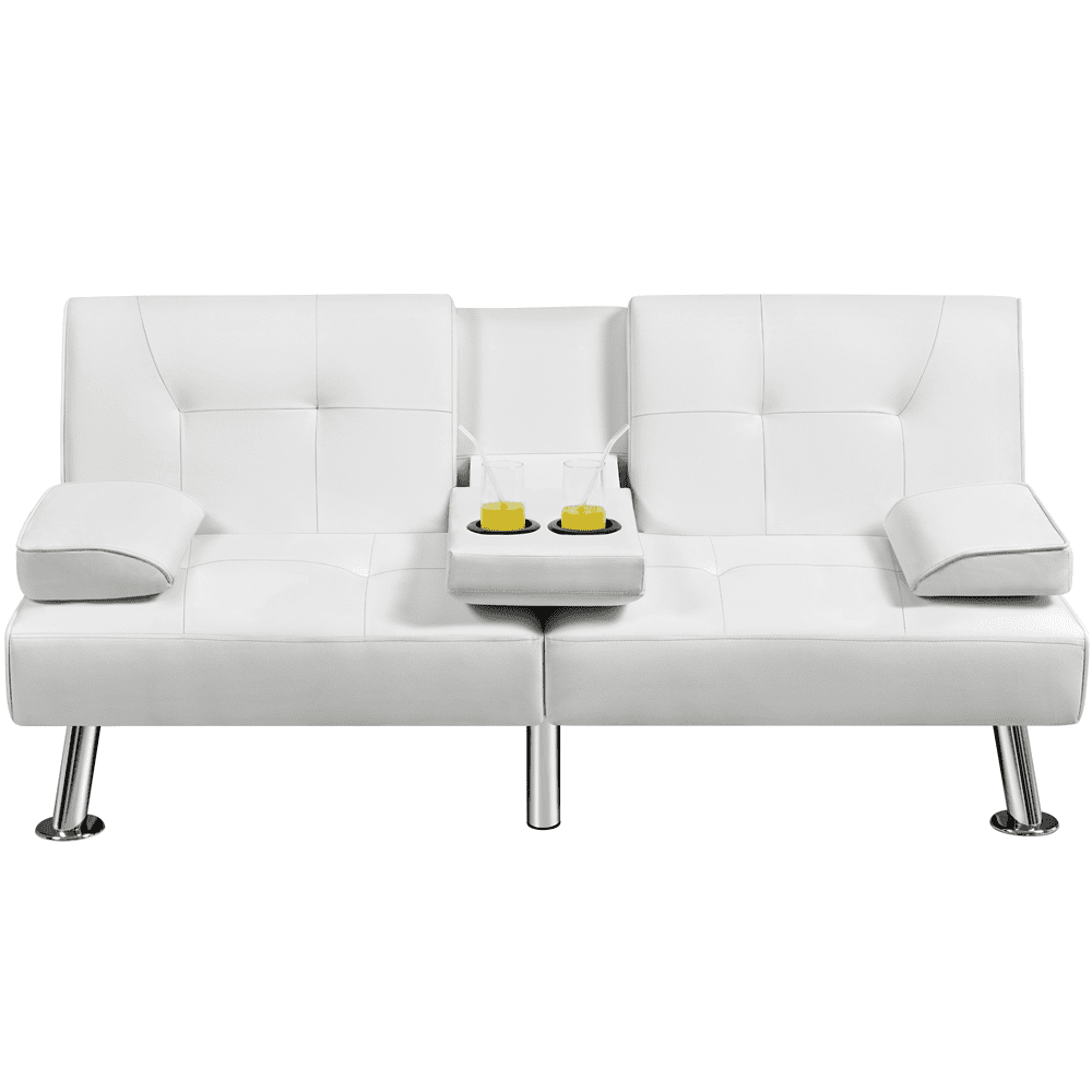 Yaheetech Modern Faux Leather Convertible Futon Sofa Bed with Cup Holders, White