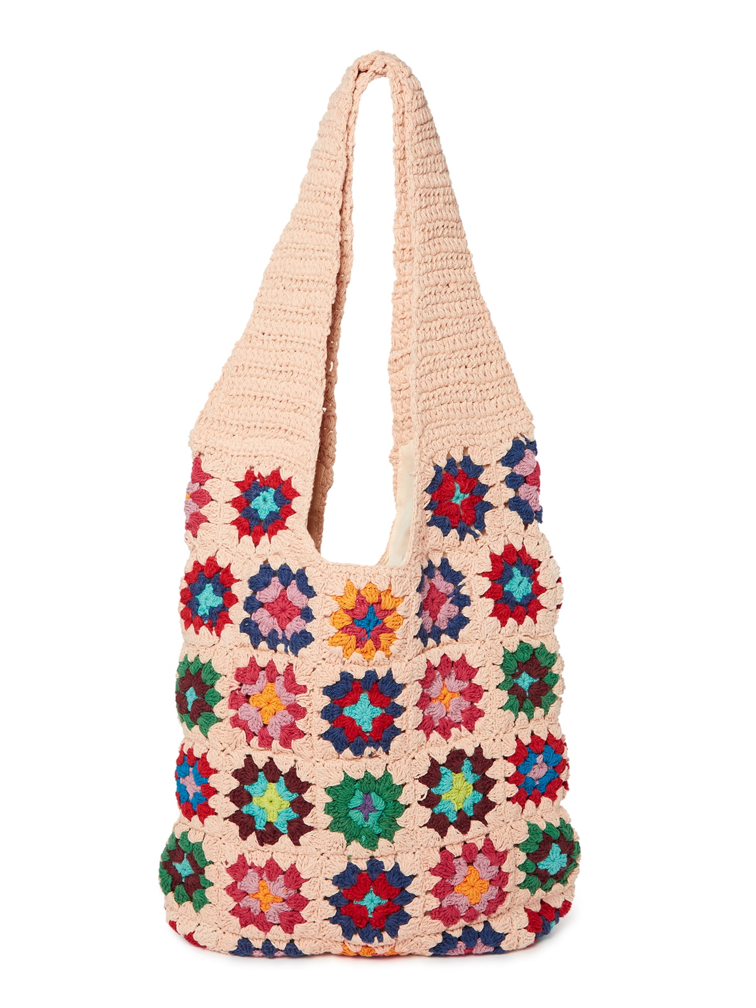 Women's Large Floral Pattern Embroidered Crochet Shoulder Strap Tote Hand Bag