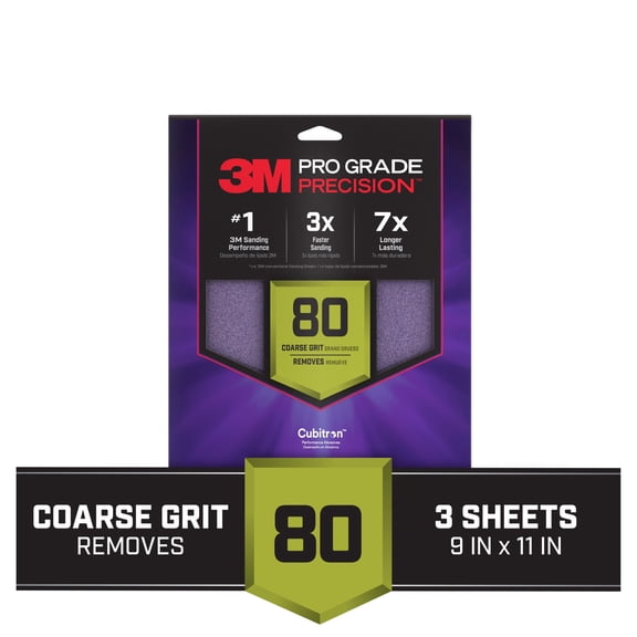 3M Pro Grade Precision Sandpaper, 80 Grit, No-Slip Grip Backing, 9 in. x 11 in., 3 Sheets