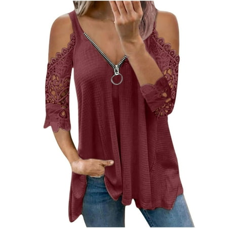 

womens summer tops 2023 Women Casual Lace Half SleeveＶ-Neck Zipper Hollow Out T-Shirt Blouse Tops Cold Shoulder Short Sleeve Basic Tees for Women Wine L