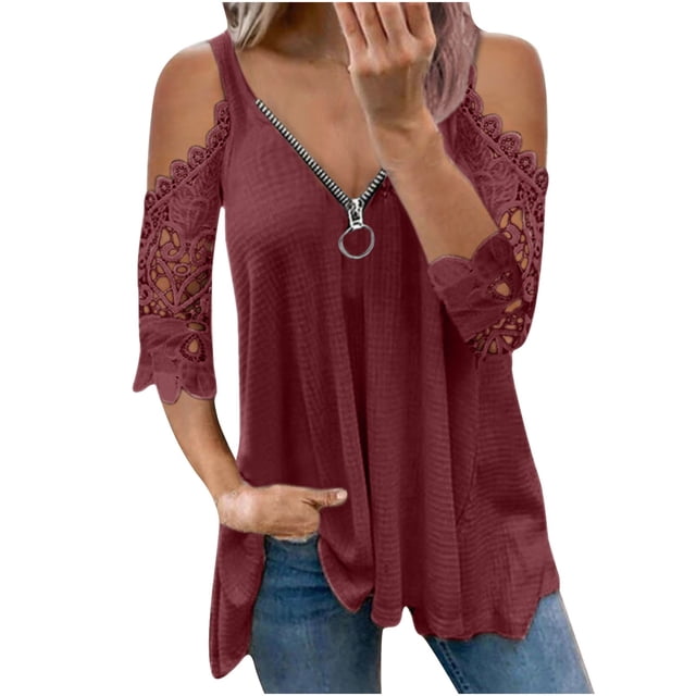 Womens Summer Tops V Neck Off Shoulder Hollow Out Lace Half Sleeve Zipper Solid Color T-Shirt Blouses Tank Tops