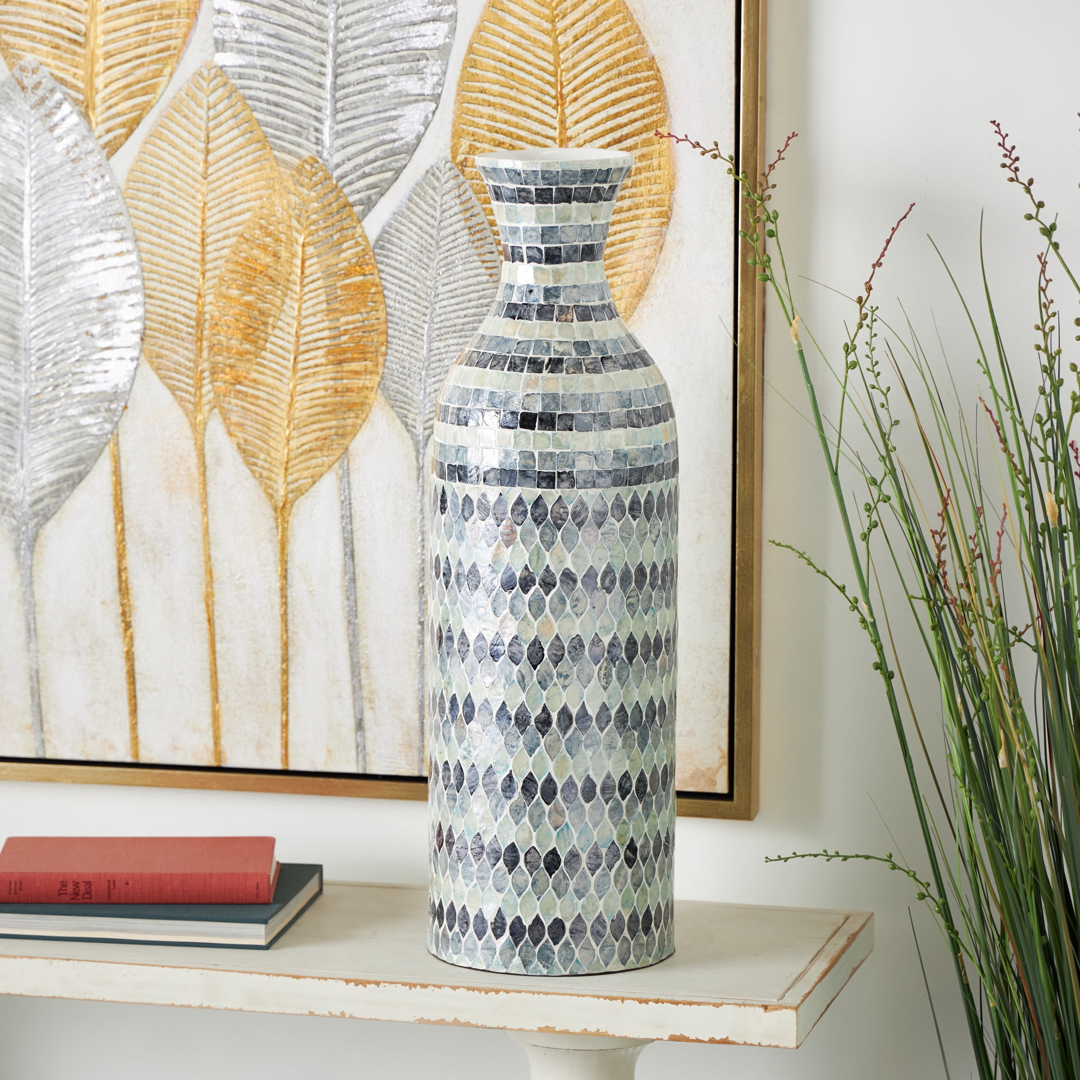 DecMode 26" Handmade Mosaic Blue Mother of Pearl Shell Vase with White Interior