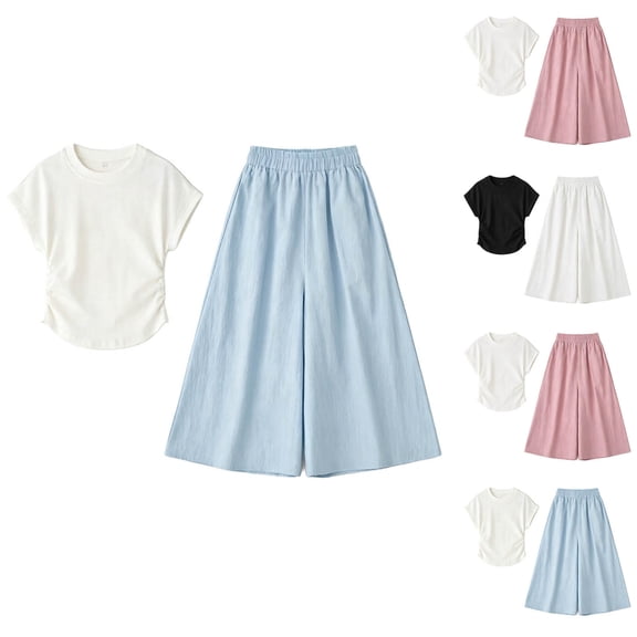 Asxite Girls 3-15 Years Solid Short Sleeve Crewneck Tops with Pants Casual 2 Piece Set Blue 9-10Years