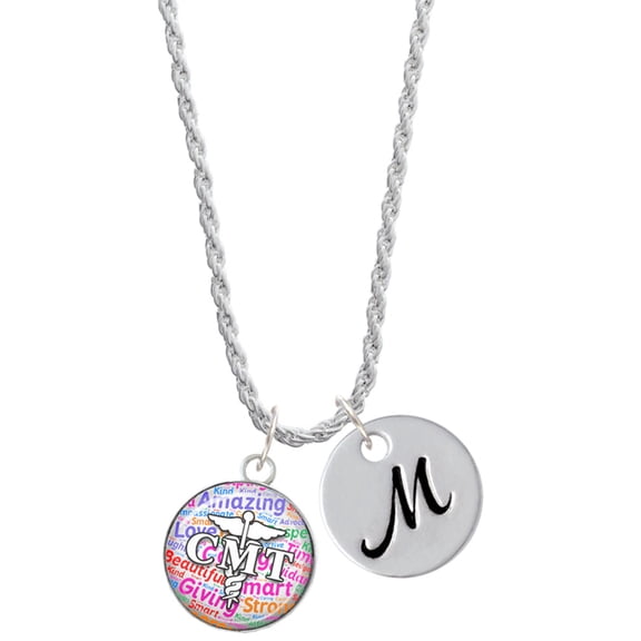 Delight Jewelry Silvertone Domed Multi Color CMT Silvertone Script Initial Disc - M - Charm Necklace, 20"+3"