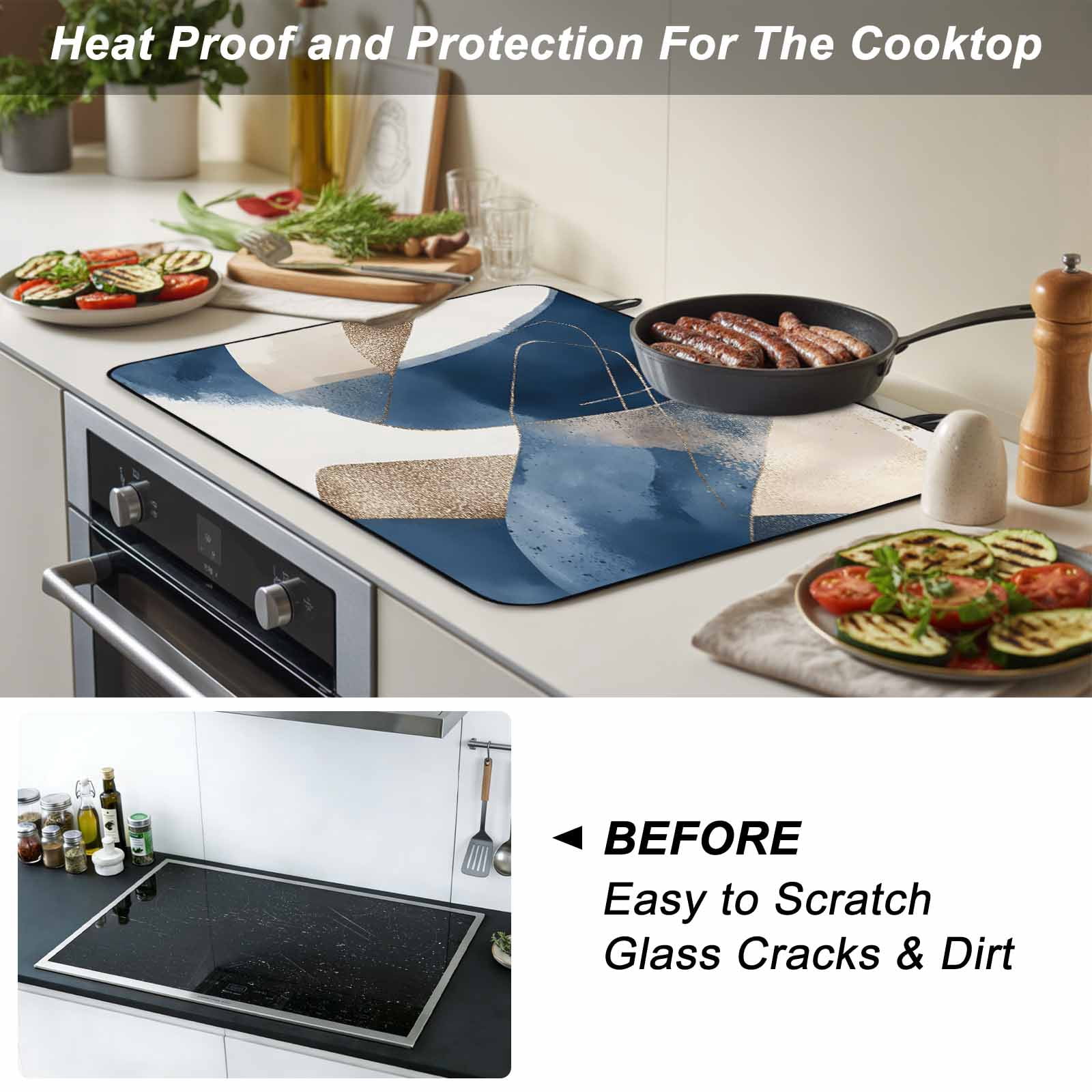 Navy Blue Geometric Stove Top Cover for Electric Stove, Heat-proof & Non Slip Glass Top Stove Cover Protector, Abstract Art Modern Kitchen Flat Cooktop Rubber Mat 24x21 Inches