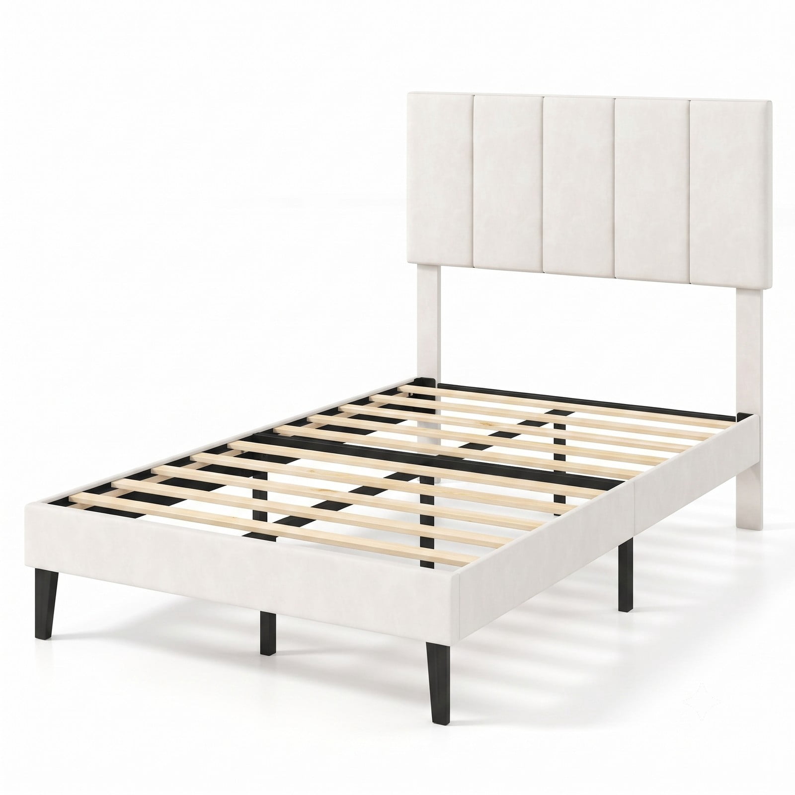 Furnibear Twin Size Velvet Upholstered Platform Bed Frame with Adjustable Vertical Channel Headboard and Wood Slat Support, Beige