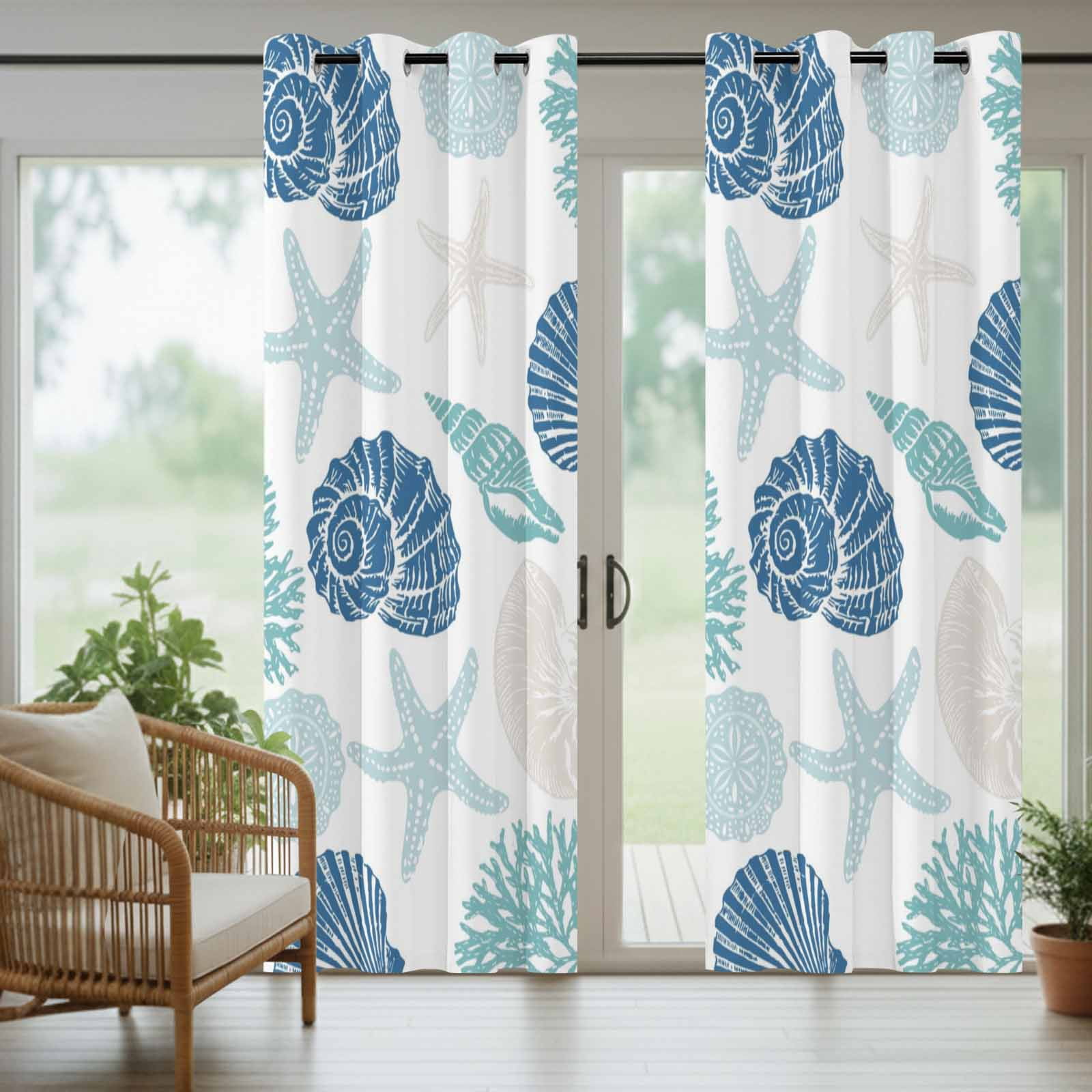 Summer Marine Life Outdoor Curtains for Patio, Graffiti Blue Corals Shell Conch Sea Starfish Sunshade Privacy Drapes Grommet Waterproof Outside Curtains for Porch/Cabana/Balcony 54"x 108", 1 Panel