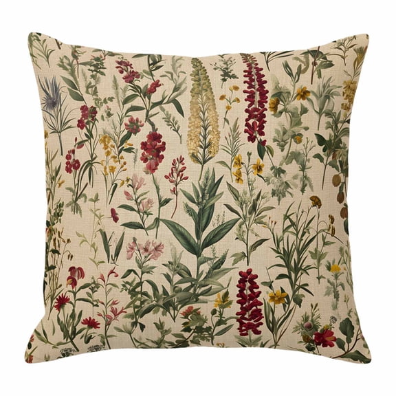 Pillow Covers 16x16 Inch, Rustic Botanical Linen Pillowcase with Invisible Zipper, Vintage Floral Wildflower Decorative Throw Pillow Covers Cushion Case for Couch Sofa Bed Living Room