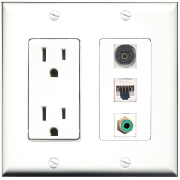 RiteAV - 15 Amp Power Outlet 1 Port RCA Green 1 Port Toslink 1 Port Cat5e Ethernet White Decorative Wall Plate