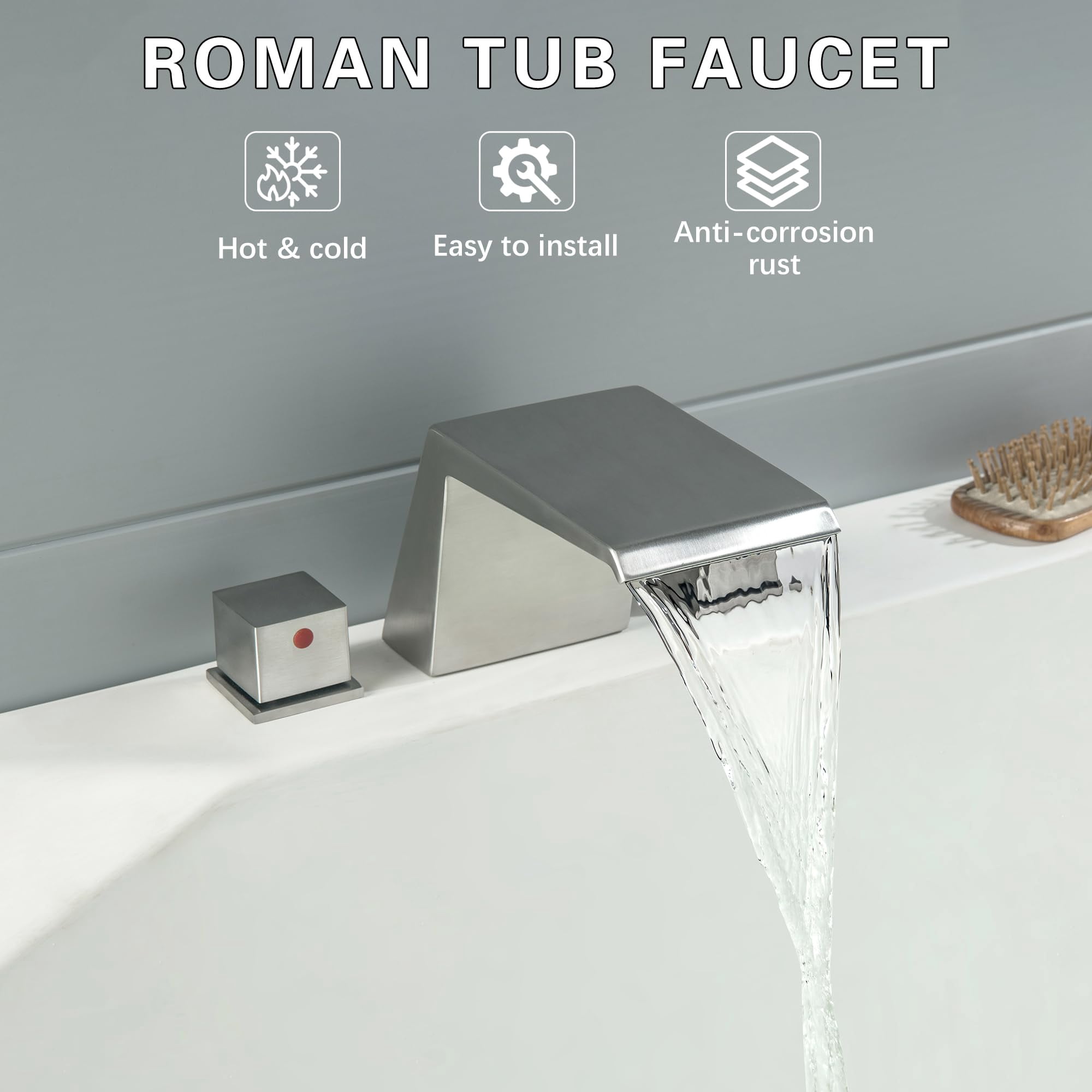 Roman Tub Faucet Brushed Nickel Deck Mount Bathtub Set 2 Handle High Flow Waterfall 3 Hole