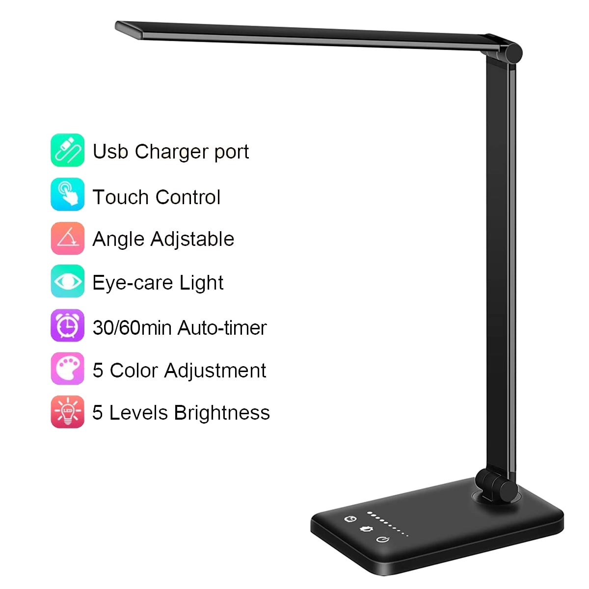 Eye-Caring Dimmable Table Lamps,Dimmable Office Foldable Lamp with 10 Brightness Levels 5 Modes Tablet LED Desk Lamp Touch Control,Memory Function,Adjustable Table Lamp with USB Charging Port for Smartphone