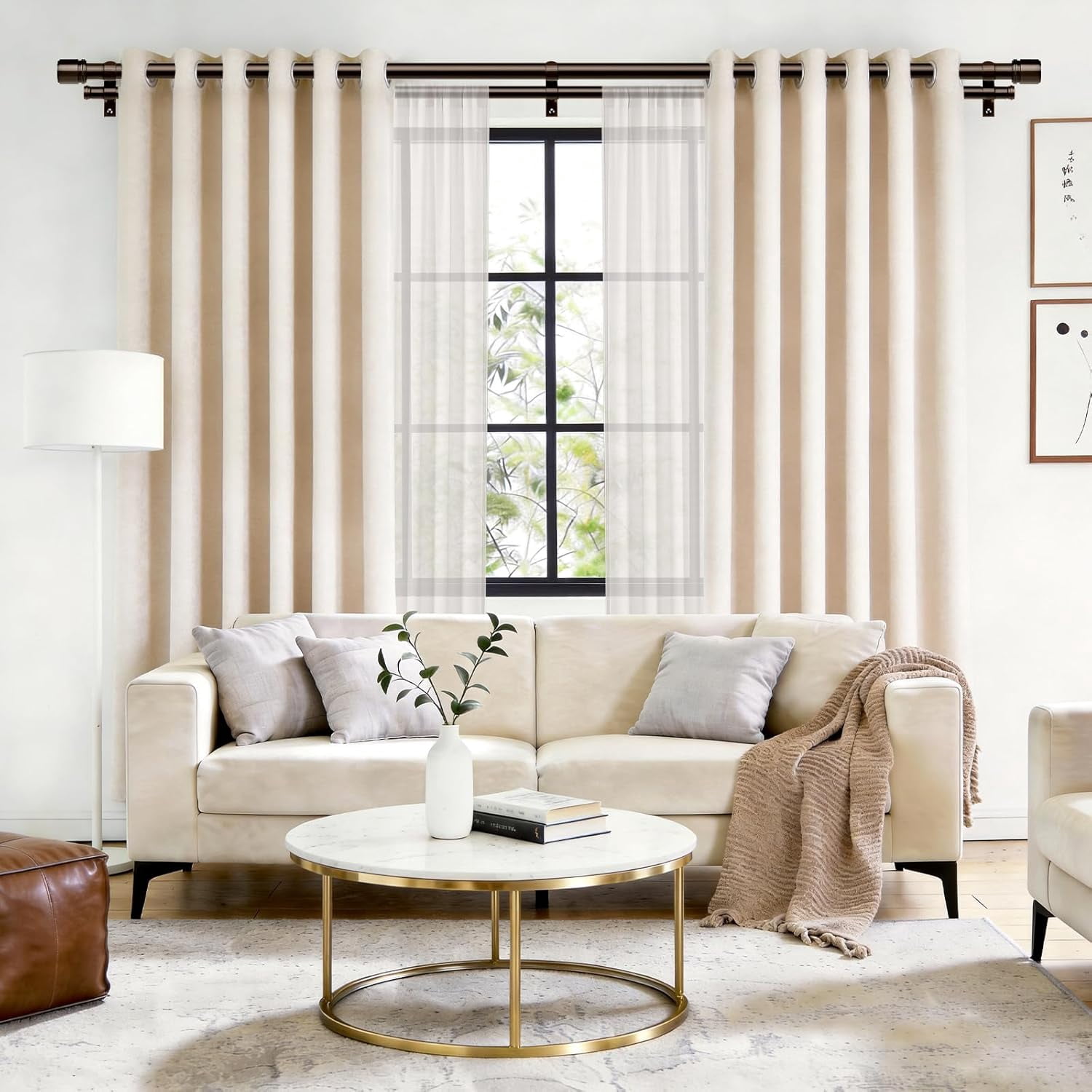 Double Curtain Rod 66 to 120 Inch,  1 Inch Heavy Duty Double Curtain Rods for Windows 54 to 116 Inches(4.5-9.6 ft), Telescoping Drapery Rod with Simple End Finials, Bronze