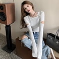 thumbnail image 4 of Deepwonder Autumn Spring Women Knit Cropped Top Skinny Blouse Asymmetrical Collar T-Shirt Girls Stylish Cutout Long Sleeve Knitted Casual Tops Tee XL, 4 of 5