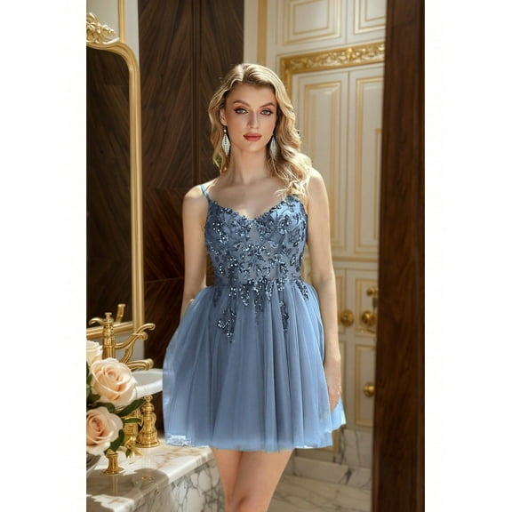 Women's Light Blue Spaghetti Strap Sequin Embroidered Tulle Short Cocktail Dress