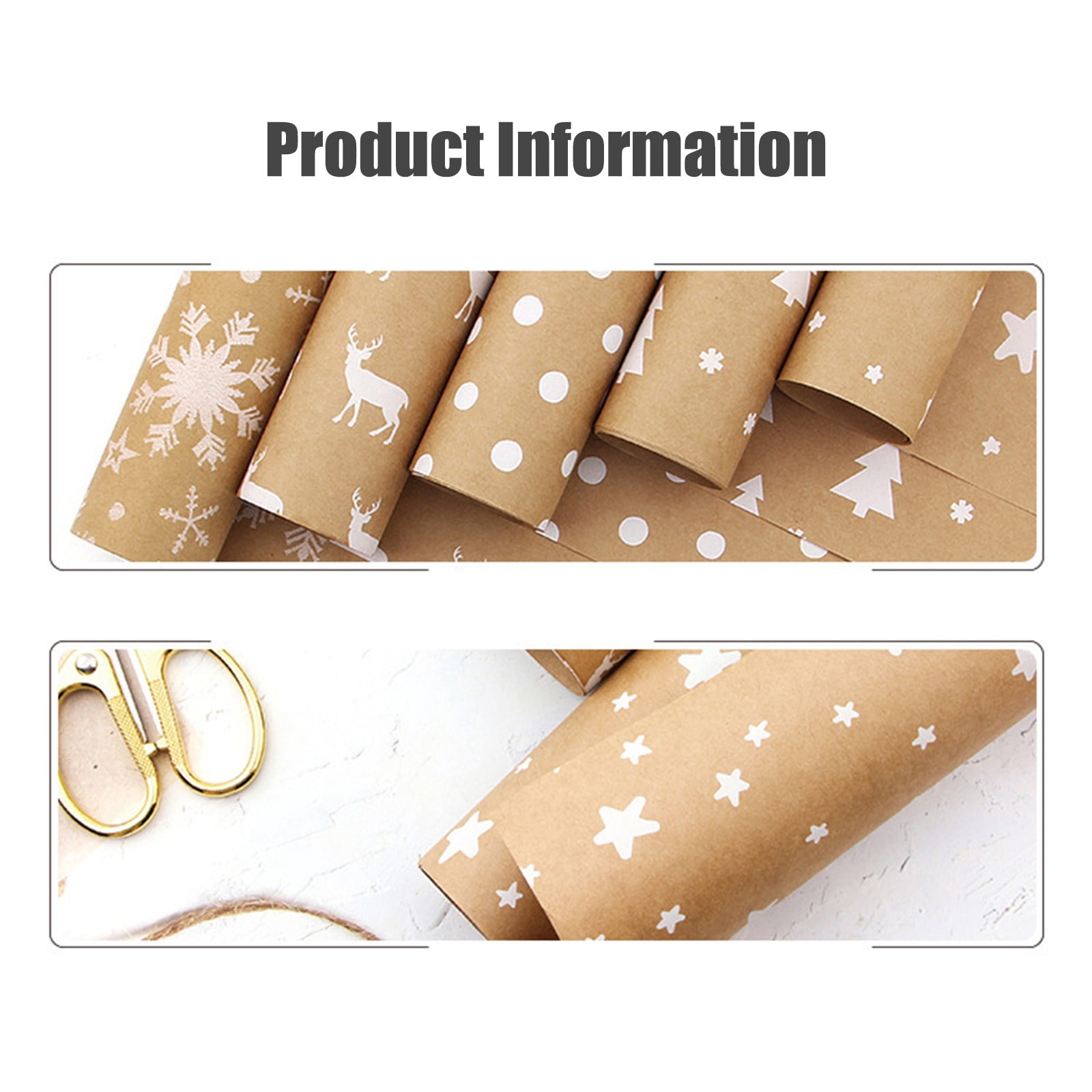 HongHeng 5Pcs Recyclable Minimalist Kraft Wrapping Paper with Cut Lines White Trees, Deer Antlers, Snowflakes on Brown Kraft for Winter Weddings, Birthdays with Rope and Tape