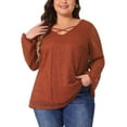 thumbnail image 1 of Blusa casual de mujer de talla grande Agnes Orinda, con doble capa, encaje, mangas largas, escote en V, transparente, tamaño 3X, color rojo ladrillo, 1 of 5