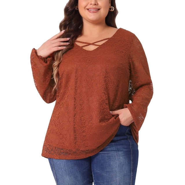 Blusa casual de mujer de talla grande Agnes Orinda con doble capa, encaje, manga larga, escote en V, transparente, 1X color rojo ladrillo