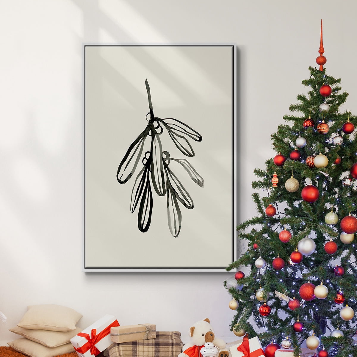 Mistletoe Sketch I - Framed Gallery Wrapped Holiday Canvas - 17 x 25 - White Frame