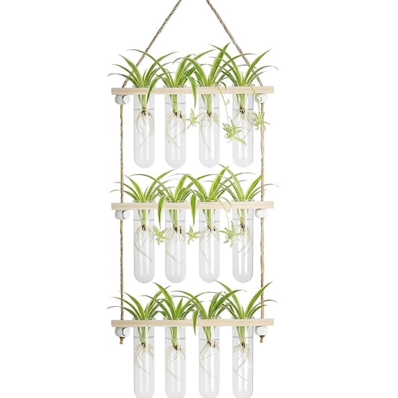 [Aflybltol] Hanging Hydroponic Plant Propagation Stations Planter with 3-Tier Wood Stand, 12 Count