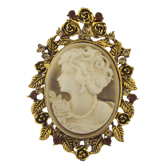 Lux Accessories Antique Tan Cameo Brooch Burnished Gold Flower Leaf Rhinestone