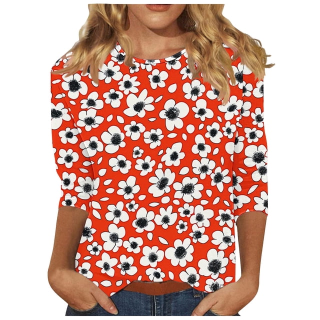 Wanfds Hauts de Mode Orange pour Femmes Tendance Été 2024 Col Rond Manches Trois-Quarts S