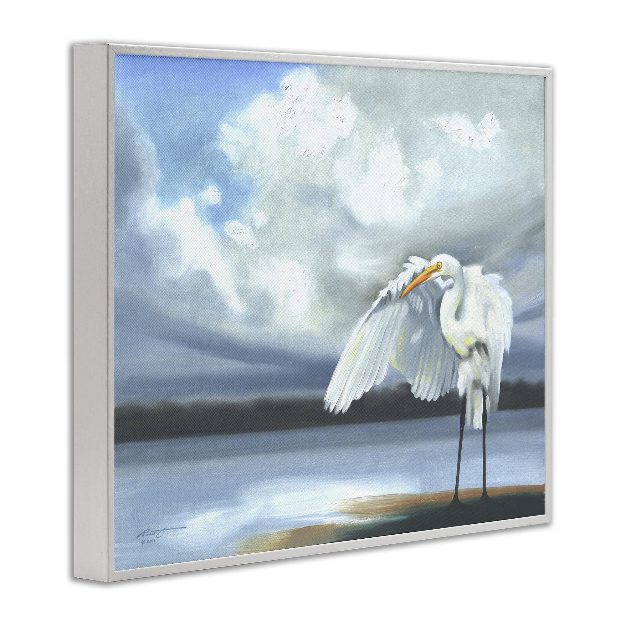 Stupell Industries Egret on Cloudy Beach Shore Animals & Insects Painting White Framed Art Print Wall Art, 30 x 24