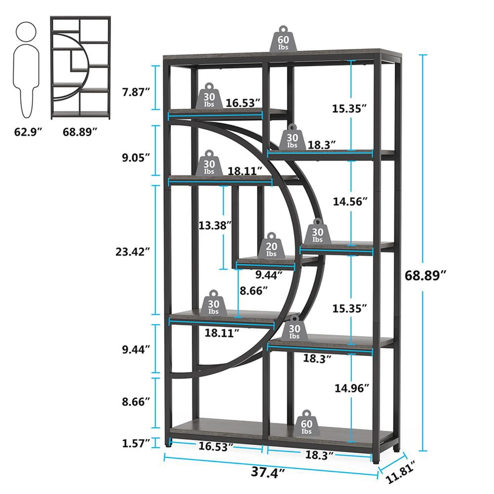 Topcobe Freestanding Bookshelf, 68.9" Etagere Bookcase with 9 Open Shelves, Indoor Furniture, Modern Furniture for Living Room, Gray