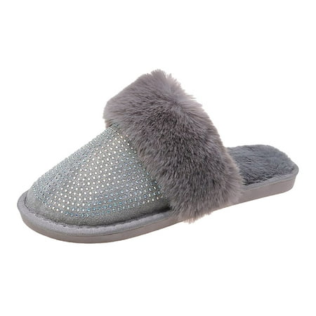 

GNEIKDEING Women Rhinestones Slip On Furry Plush Flat Home Winter Round Toe Keep Warm Solid Color Slippers Shoes Gift on Clearance