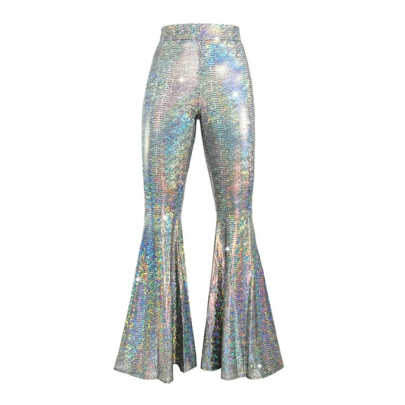 Women Sequins Pants Sparkly glitters High Waist Wide Leg Flared Trousers Bells Bottom Night Out Clubwear
