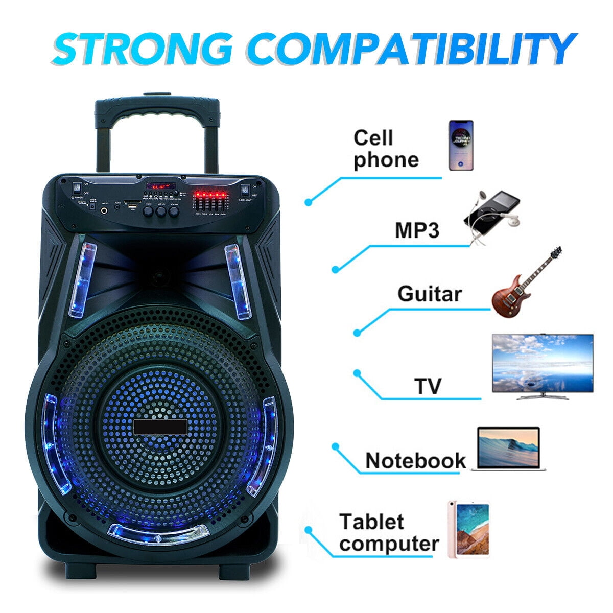 2700W 15" Portable Party Bluetooth Speaker with Tripod Stand Woofer Heavy Bass Horn Tweeter PA Party Sound System LED Mic AUX USB FM SD Trolley Wireless Speaker