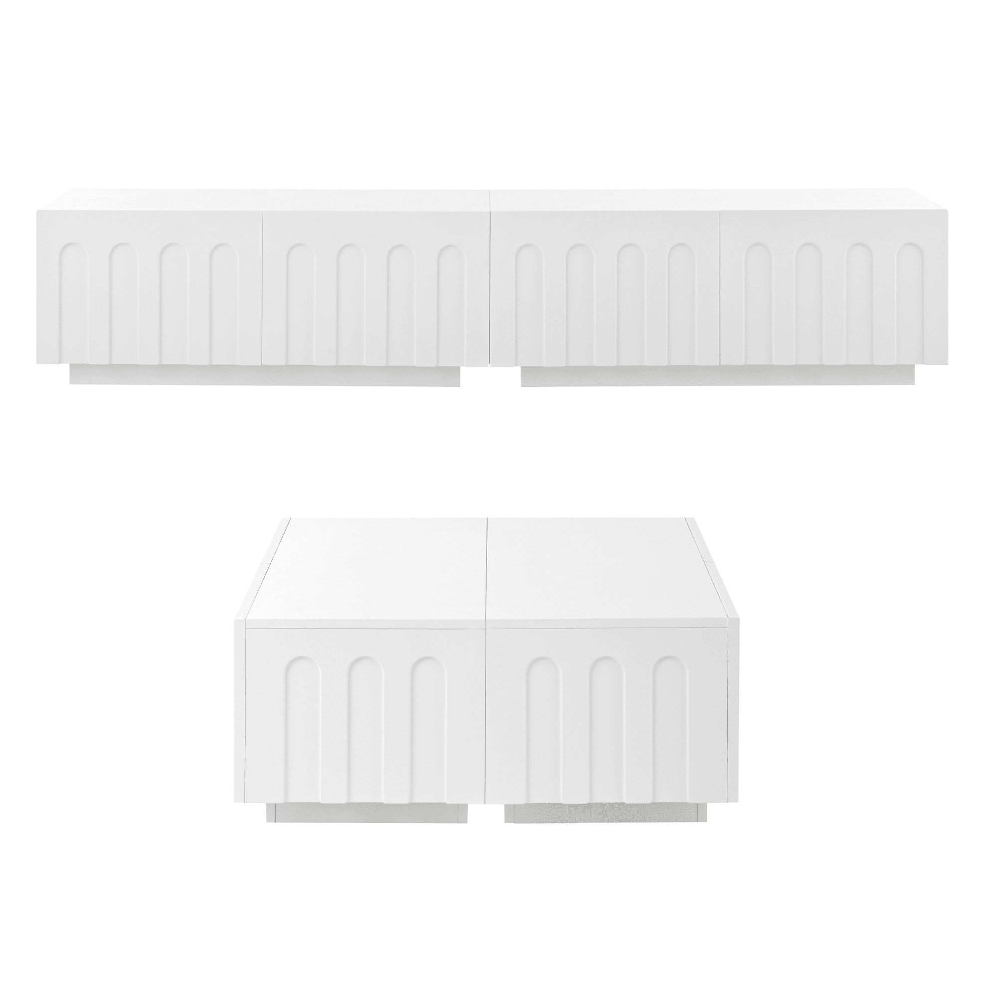 Euroco Elegant TV Stand & Coffee Table Set of 2, Multi-Functional Media Console with Arched Design for TVs Up to 80", Modern Dual Purpose Center Table with Drawers for Living Room, Bedroom, White