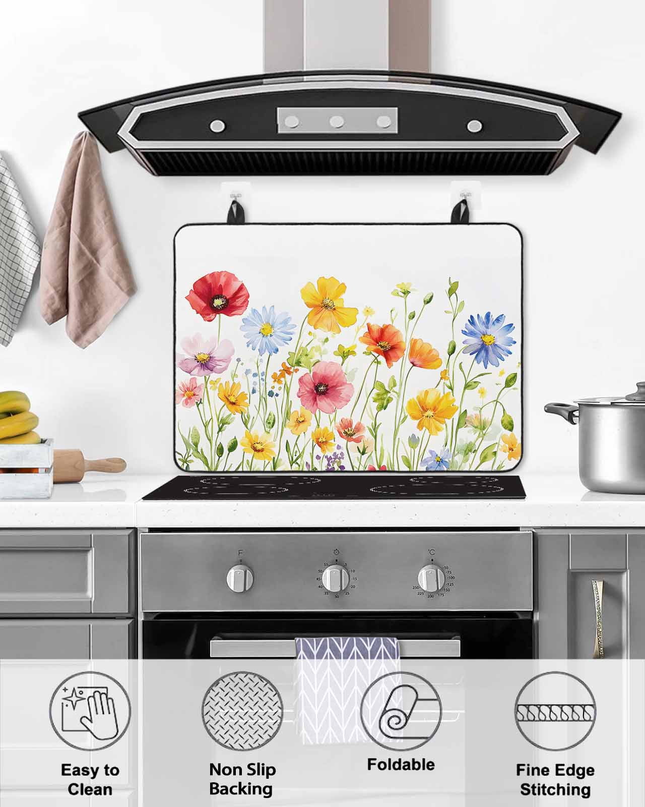 nqOlkjepod Large Induction Cooktop Protector Mat 24"x21", Watercolor Flowers Stove Top Covers for Electric Stove, Daisy Purple Orange Blue Floral Stove Burner Cover Mats, Glass Top Stove Cover