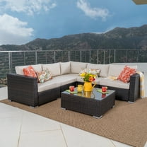 Faviola 5 Seater Outdoor Wicker Sectional Sofa Set with Aluminum Frame and Cushions, Multibrown, Beige