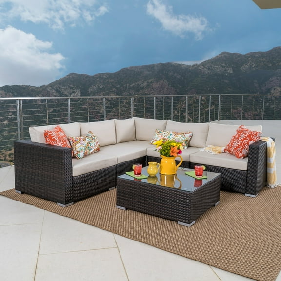 Faviola 5 Seater Outdoor Wicker Sectional Sofa Set with Aluminum Frame and Cushions, Multibrown, Beige